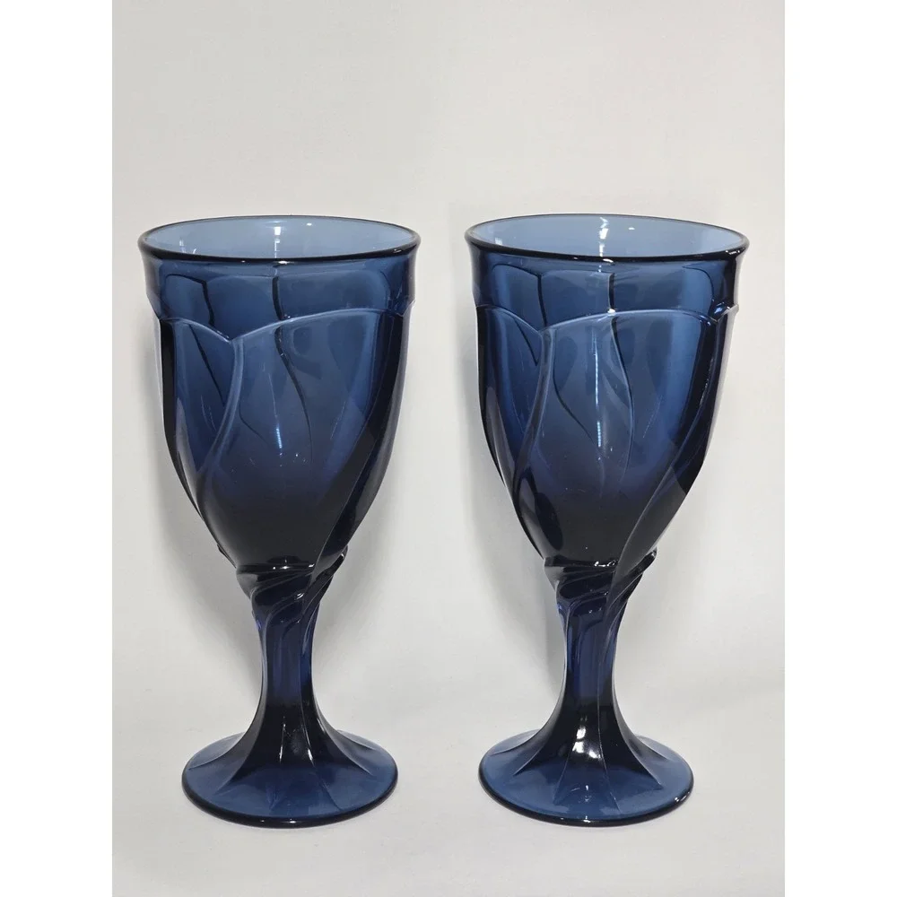 Set Of 2 Vintages Noritake Sweet Swirl Dark Blue Water Goblets 8 Oz Glasses